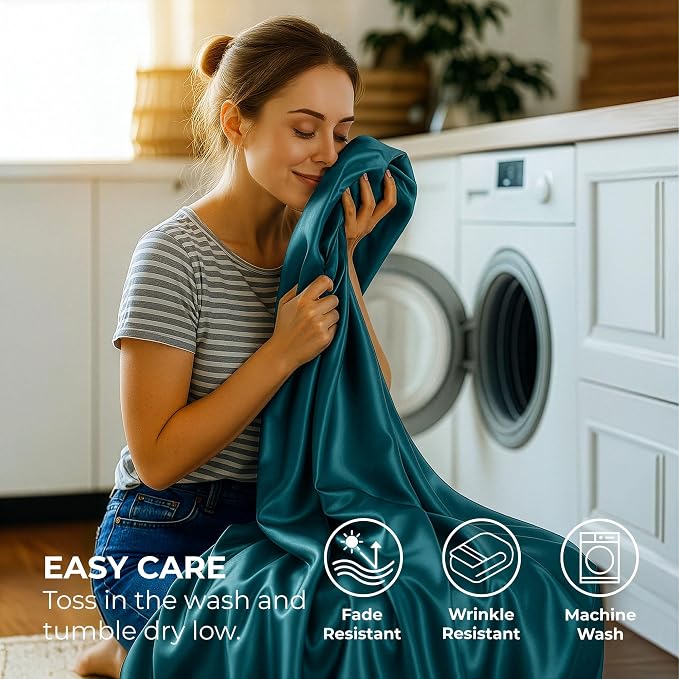 Satin Sheets King [4-Piece, Teal] Hotel Luxury Silky Bed Sheets - Extra Soft 1800 Microfiber Sheet Set, Wrinkle, Fade, Stain Resistant - Deep Pocket Fitted Sheet, Flat Sheet, Pillow Cases