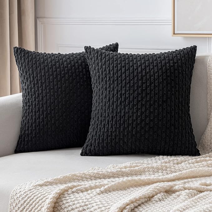 MIULEE Decorative Throw Pillow Covers 18x18 Black Textured Corduroy | Pack of 2 Striped Pillow Covers Modern Farmhouse Home Decor for Couch Bed Sofa Living Room