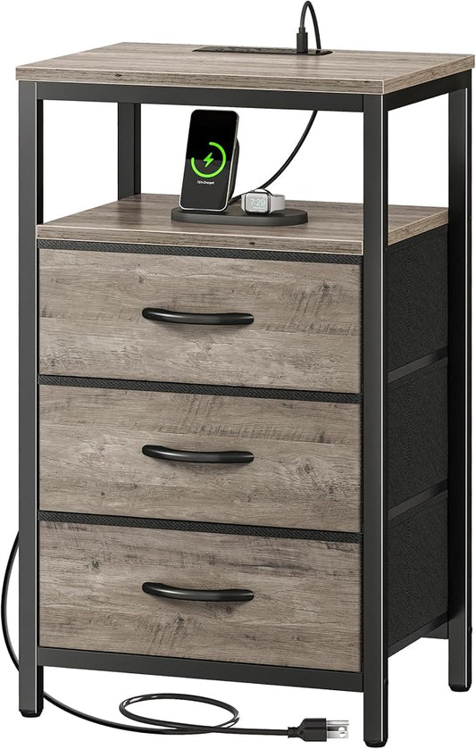 Huuger Nightstand with Charging Station, 27.6 Inch Bedside Table,Side Table | Night Stand with USB Ports and Outlets, End Table with Fabric Drawers, Night Stand with Charger Station, Oak