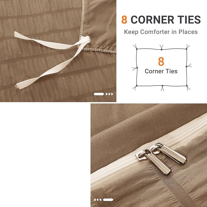 HYMOKEGE Brown Duvet Cover Full Size, Ultra Soft 3-Piece Seersucker Duvet Cover Set with Zipper Closure, Soft Brushed Microfiber Bedding Set with 8 Corner Ties (80"x90", 2 Pillowshams)