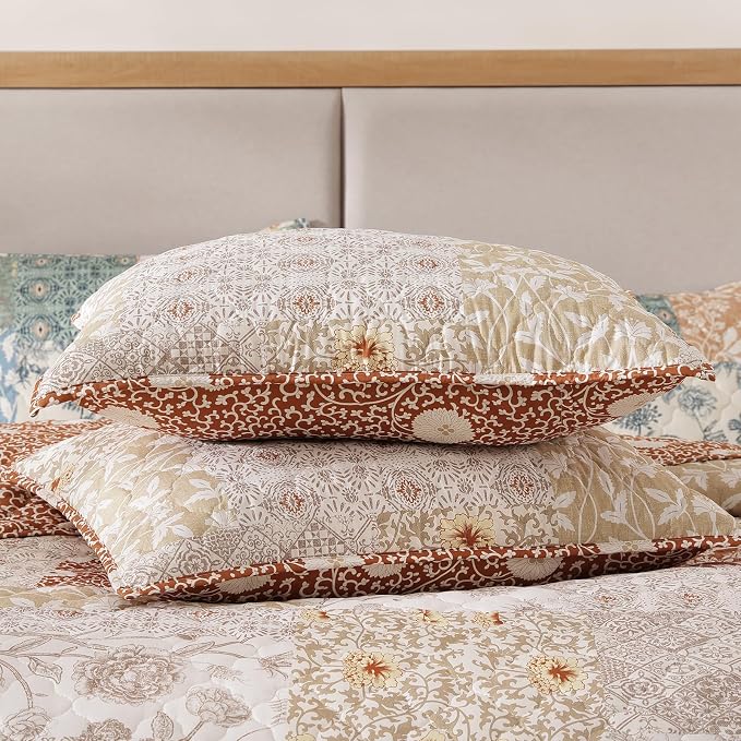 Twin Quilt Set-2 Pieces Soft Twin Bedspread Floral Patchwork Quilt | Lightweight Terracotta Quilt, Reversible Vintage Floral Bedding Set, All Season Bed Coverlet with 1 Pillow Sham, 66"x92"