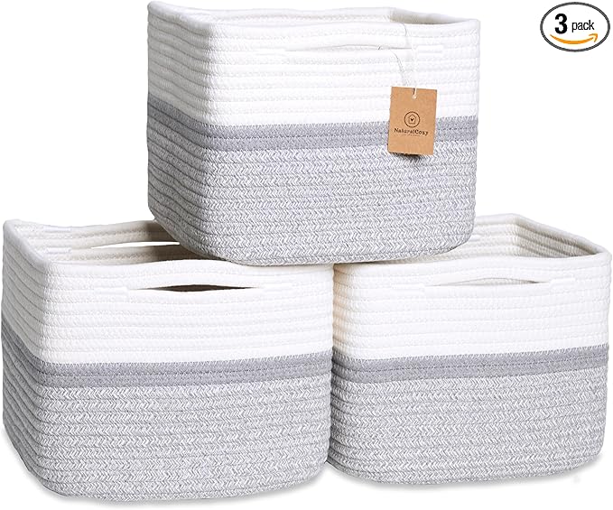 NaturalCozy Storage Cubes 9”x9”x7”Cotton Rope Woven Baskets for Organizing 3-Pack | 9 Inch Cube Storage Bin | Small Basket for Shelf Nursery, Pantry, Decorative Plant, Bathroom Closet, Toy Gift
