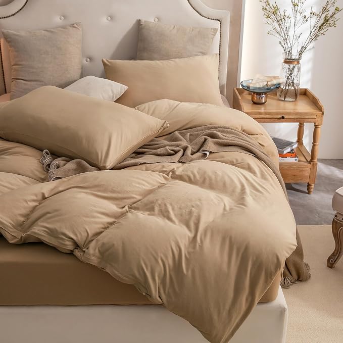 PURE ERA Jersey Knit Sheet Set Solid Toffee Brown Queen | 100% Cotton, 3 Piece Set, T Shirt Soft, Breathable, Envelope Closure Pillowcases, Hidden Zipper, 8 Ties, No Insert, Modern