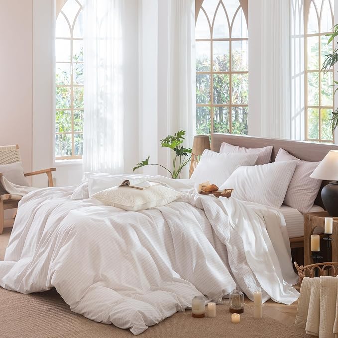 MooMee Striped Duvet Cover Set 100% Washed Cotton Linen Like Full | Relaxed Linen-like Texture. Soft, Breathable & Long-lasting Comfort. Lightweight. Hidden Zipper with 8 Interior Corner Ties