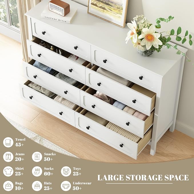 CARPETNAL 55" White Dresser for Bedroom with 8 Drawer & Deep Drawers | Large Storage Modern Chest of Drawers with Metal Handles for Living Room, Hallway