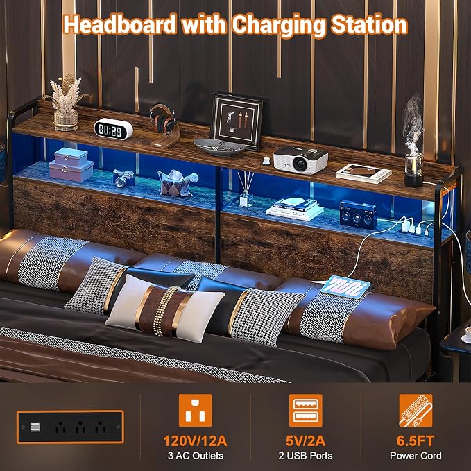 Aheaplus Headboard for King Size Bed Frame, Headboards with Outlets, USB Ports and LED Light, Head Board with Storage, Height Adjustable, Sturdy and Stable Headboard, King Size, Rustic Brown