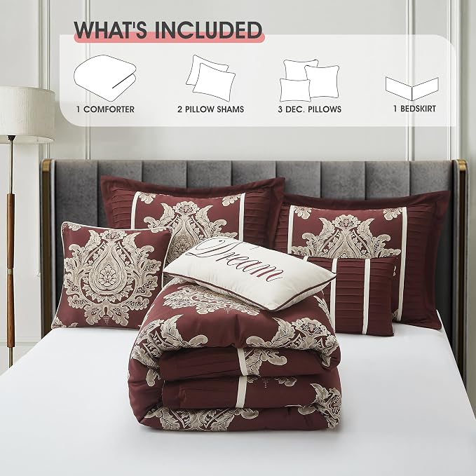 Burgundy California King Comforter Set 7 Pieces, Jacquard Woven with Damask, Bedding Set in a Bag Includes Comforter, Bed Skirt, Pillow Shams, and Decorative Pillows