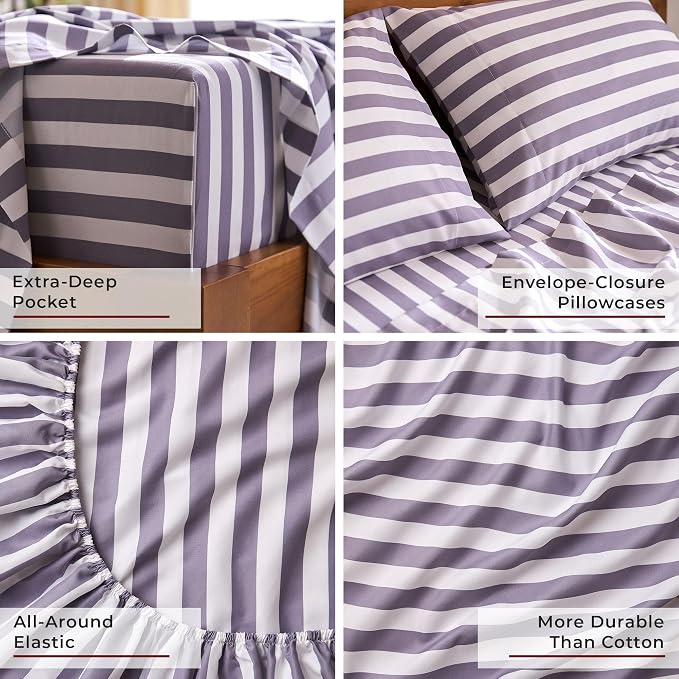 Mellanni Iconic 4-PC, Ultra Soft Sheet Set (Full, Oxford Stripe Hazy Lilac) | 10M+ Sleepers. Lab-tested: Sleeps Cool, Stays Bright, Strong, Smooth. Good Housekeeping Best Bedding, 7 yrs running.