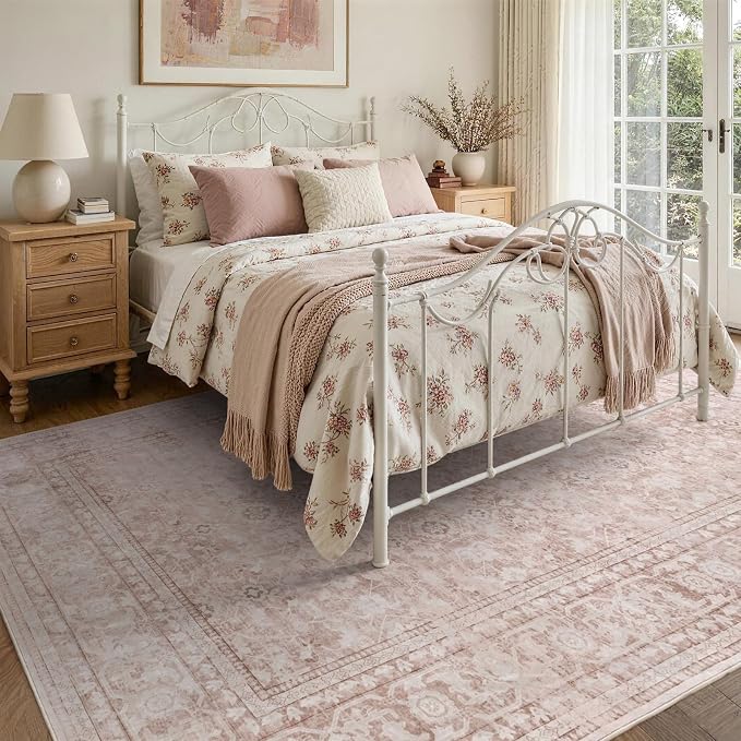 5x7 Ft Area Rugs for Living Room, Soft Non-Slip Machine Washable Rug, Vintage Stain Resistant Carpets for Bedroom Nursery Dining Room Home Decor (Grey Pink)