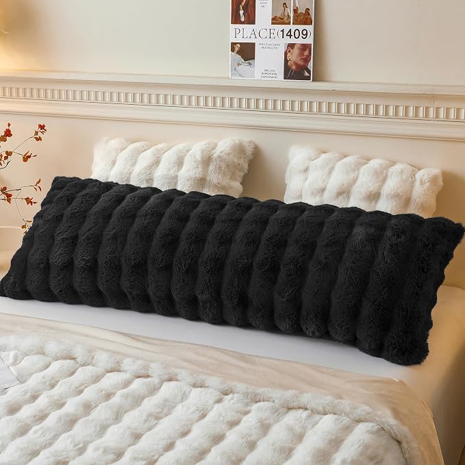LIFEREVO Fluffy Faux Rabbit Fur Body Pillow Cover 20"x54", Black | Luxury Bubble Waffle Plush Bed Pillowcase with Hidden Zipper, Washable Fuzzy Long Pillow Case for Adults Kids Girls Teens