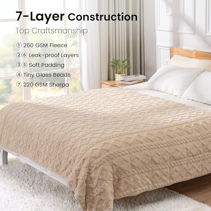 Drewin Weighted Blanket for Adults 48" x 72" 12lbs Fuzzy Blankets Beige | Stress Relief & Better Sleep,Soft Jacquard Sherpa Fleece Heavy Blanket Queen Size, Machine Washable,for Napping & Relaxing