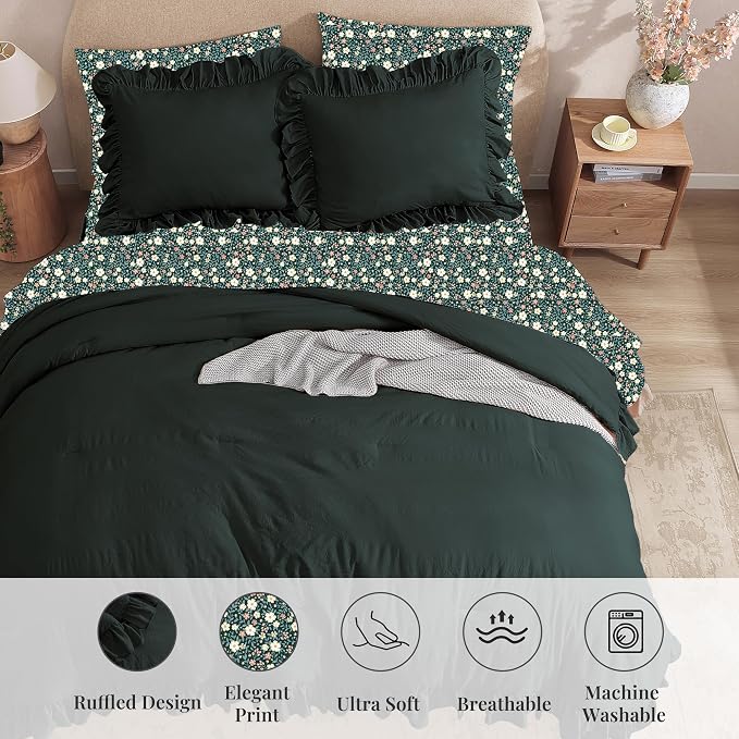 Oversized King Comforter Sets-7 Pieces Ruffle Bedding | Green Bed in a Bag, Soft Lightweight All Season Farmhouse King Size Bedding Sets with Floral Sheets, Pillowcases & Shams