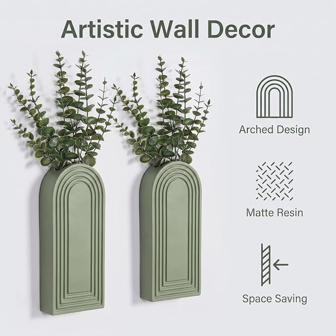 Dnnnii 2 Pack Wooden Wall Vase Set - Green Finish Modern Farmhouse & Boho Wall Decor for Entryway, Hallway, Bathroom, Living Room, Dining Room, Narrow Spaces