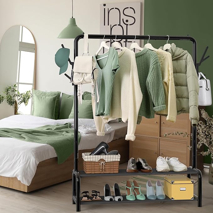 Simple Houseware 52" W Freestanding Closet Garment Rack with Shelves, Black | With 600D Fabric Shelves, Hanger Stoppers, and Hooks for Coat & Hat