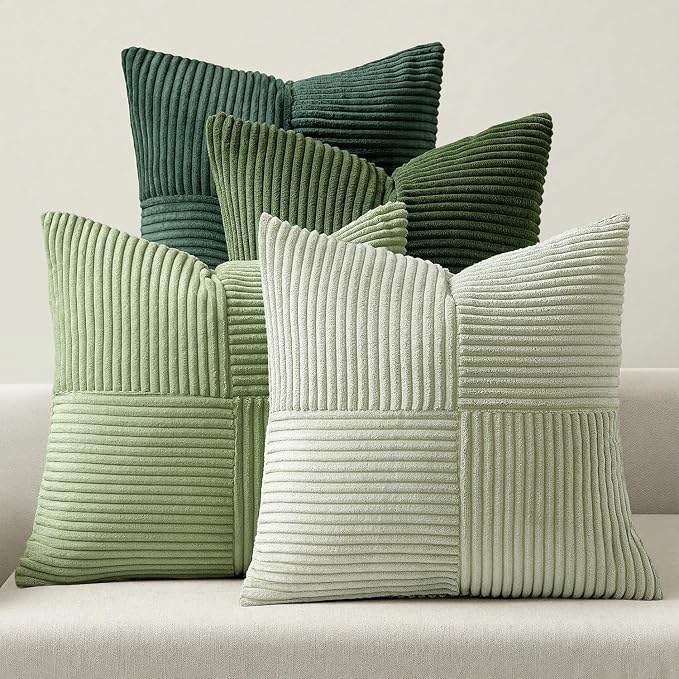 MIULEE Spring Green Decorative Throw Pillow Covers 18x18 Inch Set of 4 Boho Farmhouse Cushion Covers Mordern Nordic Pillow Cases Soft Corduroy Gradient Home Decor for Couch Sofa Living Room Bed