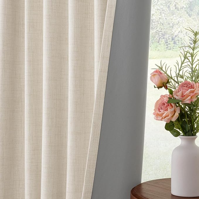 INOVADAY 100% Blackout Curtains for Bedroom Black Out Curtains 84 Inch Long | Cream Curtains for Living Room 2 Panels, Clip Rings Linen Look Blackout Drapes, Thermal Insulated Room Darkening,W50xL84