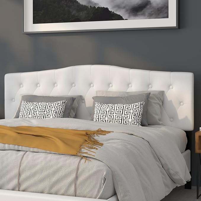 Flash Furniture Cambridge Button Tufted and Diamond Stitched Upholstered King Size Headboard in White Fabric