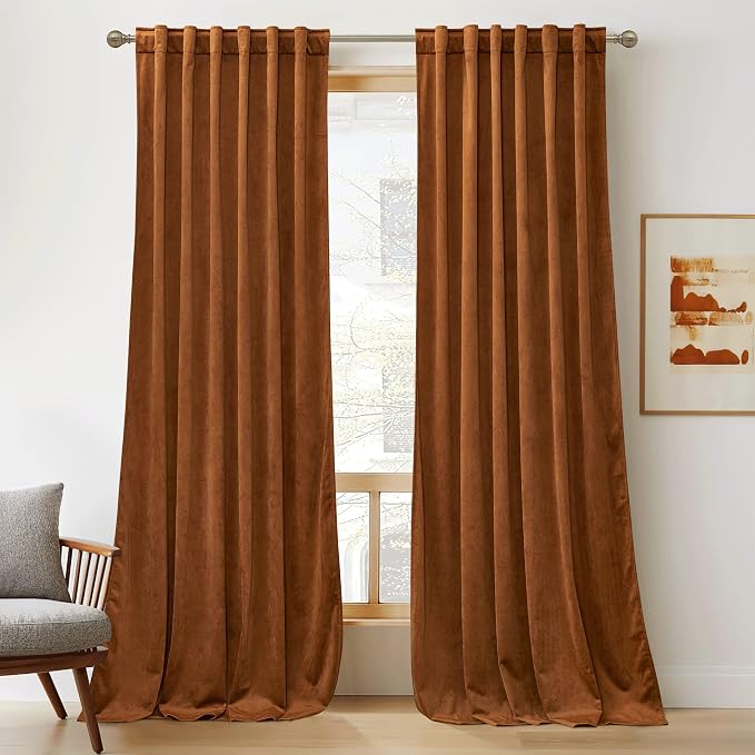 RYB HOME Burnt Orange Velvet Blackout Curtains for Bedroom 63 inches Length | Thermal Insulated, Privacy UV Heat Blocking, Luxurious Soft Fabric, Back Tab, Drapes for Nursery Office, W42 x L63, 2 Panels