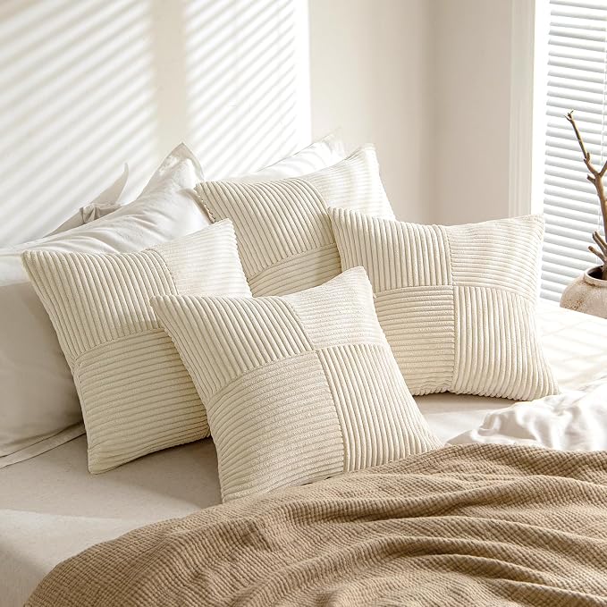 MIULEE Beige Throw Pillow Covers 18x18 Inch Set of 4 Boho Patchwork Cushion Cases Modern Farmhouse Pillow Cases with Invisible Zipper Corduroy Striped Home Decor for Couch Sofa Bedroom