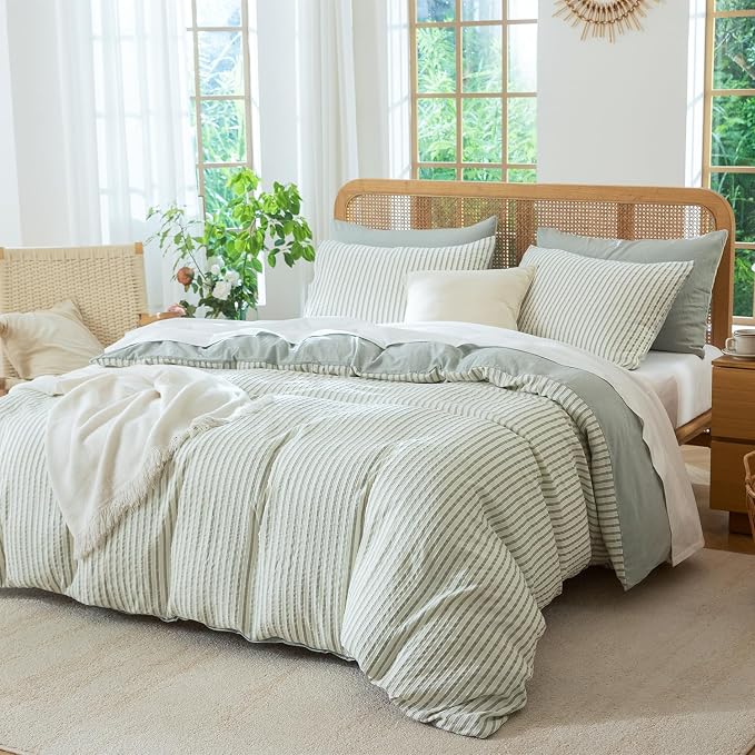 King Size Comforter Set Striped Soft Luxury Washed Microfiber Jacquard 3 Pieces Bedding, Sage Green Vertical Ticking Stripes Pattern Comforter with 2 Pillowcases Breathable Durable Comfy