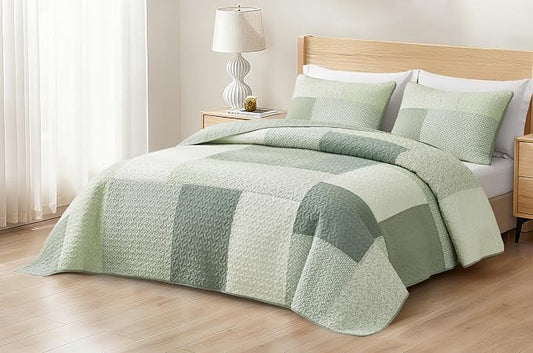 Chezmoi Collection Elm 3-Piece Chic Patchwork Quilt Set - Green Floral Striped Coverlet - Pre-Washed Cotton Lightweight Reversible Bedspread, Queen Size