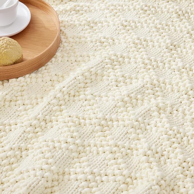 Anysay Knitted Weighted Blanket for Adult, Chunky Knit Throw 40''*60'' 7lbs | Cooling Weighted Blanket for Sleep Breathable Machine Washable Fall Heavy Blanket for Room Decor(Ivory White)