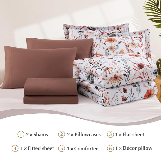 Full Size Comforter Sets - 7 Pieces Floral Bed in a Bag Full Bedding Set | Terracotta Botanical Texture Flowers Comforter Set with Sheets, Pillowcases & Shams for All Seasons