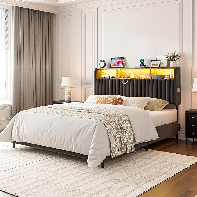 IKIFLY Velvet Full Size Storage Headboard Only, Adjustable Height, Black | Upholstered Head Board with LED Lights & Charging Station, Easy Assembly, Modern Freestanding Headboard, Attach Frame