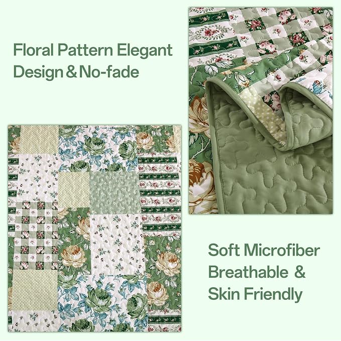 Patchwork Quilt Set Queen Size, Sage Green Floral Plaid Bedspread | Rustic Flower Coverlet Set, Soft Lightweight Farmhouse Quilt Bedding Set 3 Pieces for All Season, 96''x90''