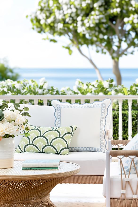 Hofdeco Premium Coastal Patio Indoor Outdoor Lumbar Pillow Cover Only, 12"x20" Water Repellent for Backyard, Couch, Green Print Tropical Ravenala Palm Tree