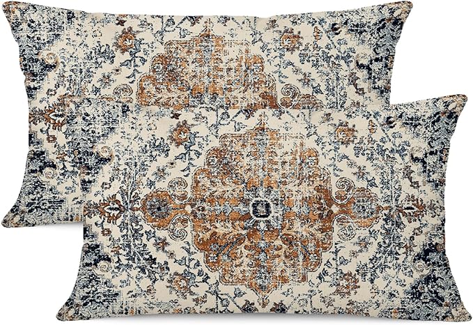 Outdoor Waterproof Pillow Set of 2, 12X20 Inch, Bohemian Vintage Carpet Pattern, Gold Blue Ethnic Design, Decorative Farmhouse Pillow Covers for Couch, Garden, Balcony