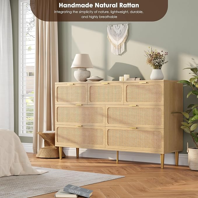 GarveeHome Rattan 7 Drawer Dressers for Bedroom, Deep Drawer, Natural | Tall Dresser, Wide Top, for Living Room, Hallway, Kids Room, Large Chest of Drawers for Closet, Long Wooden Dresser