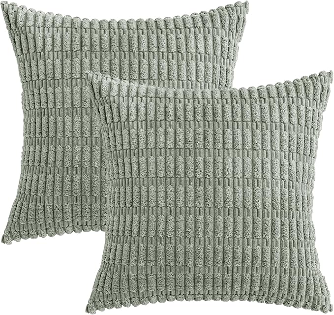MIULEE Corduroy Decorative Throw Pillow Covers 20x20 Grey Green Pack of 2 | Soft Boho Striped Pillow Covers Modern Farmhouse Home Decor For Sofa Living Room Couch Bed