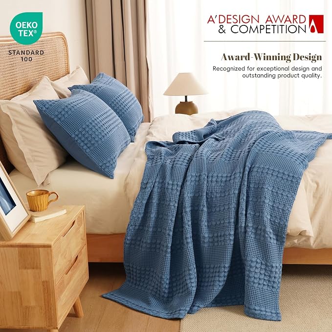 PHF Lightweight 100% Cotton Waffle Throw Blanket for Couch, Denim Blue | Pre-Washed Soft Cotton Comfort, Breathable Layering Warmth for Fall & Winter, Office, Travel, Sofa, Home Decor & Gifts