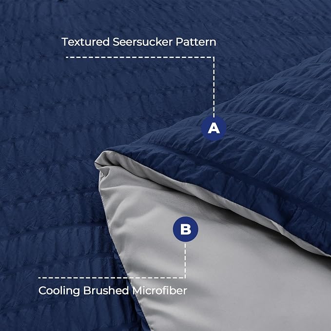 HYMOKEGE Navy Blue/Light Grey Duvet Cover King Size, Ultra Soft 3-Piece Seersucker Duvet Cover Set with Zipper Closure, Soft Brushed Microfiber Bedding Set with 8 Corner Ties (104"x90", 2 Pillowshams)