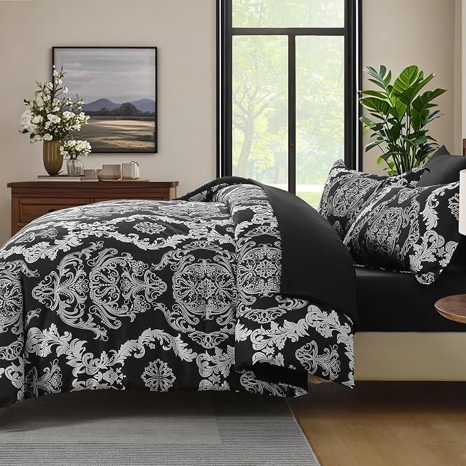 WONGS BEDDING 7 Pieces Comforter Set Queen Size, Black White Texture Bedding Set for All Season, Damask Soft and Breathable Bed in a Bag with Comforter, Flat Sheet, Fitted Sheet, Pillowcases & Shams