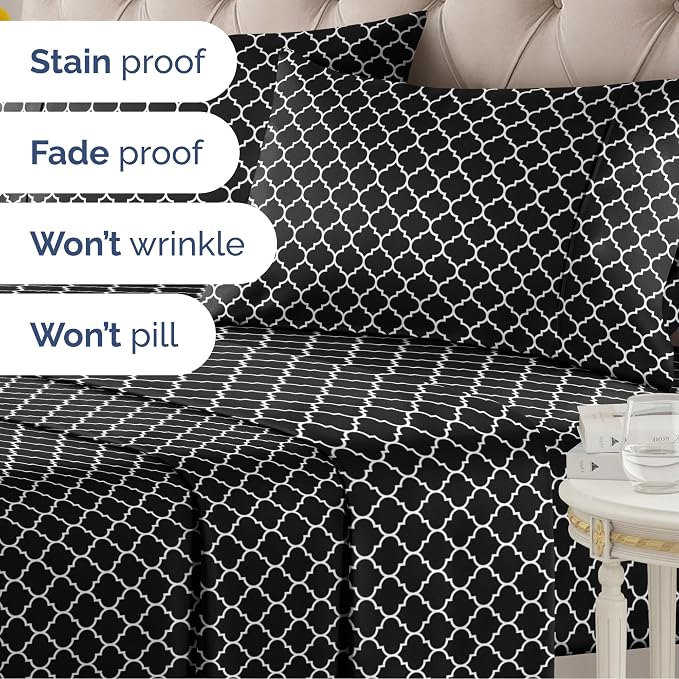 Full 4 Piece Striped Sheet Set - Breathable & Cooling - Black Quatrefoil | 1 Flat, 1 Fitted & 2 Pillowcases w/ Deep Pockets, Luxury Striped Bedding, Soft, Breathable & Cooling, Wrinkle & Fade Free