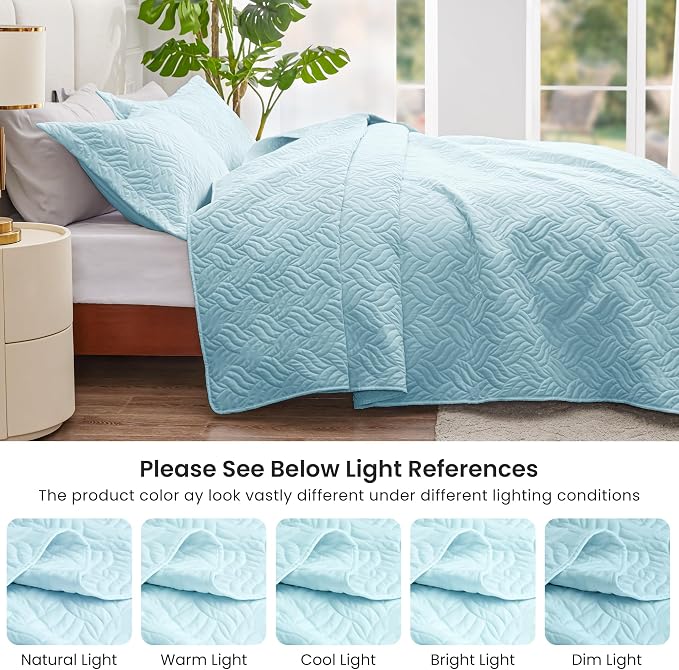 Love's cabin King Size Quilt Set Light Blue Bedspreads - Soft Bed Summer Lightweight Bedspread Comforter - Modern Style Wave Pattern Coverlet for All Season - 3 Pieces (1 Quilt, 2 Pillow Shams)