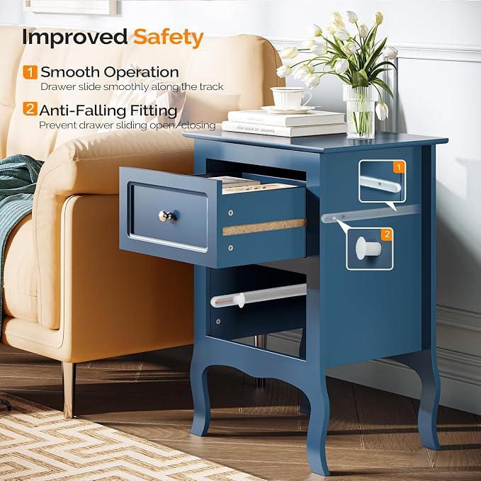 Bonnlo Blue Nightstand with 2 Drawers, Blue Night Stand Bedside Table for Bedroom, Kids Room, Living Room, Small Spaces, Dorm, 15.75" W x 11.8" D x 23.6" H