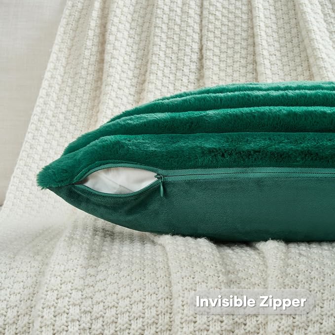 FUTEI Pack of 2 Faux Fur Throw Pillow Covers 12x20 Inch, Emerald Green | Fluffy Faux Rabbit Fur Front/Premium Velvet Back,Hidden Zipper,Machine Washable,Non-Shedding,Colorfast,Insert Not Included.