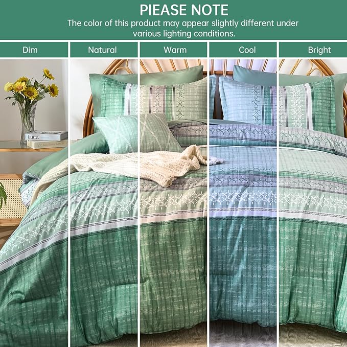 Boho Queen Comforter Size Set, 8 Pieces Sage Green Striped Texture Bed in a Bag Bedding Sets, Lightweight Soft Comforter and Sheet Set, All Season Microfiber Teen Boys Bedding Sets for Men Women