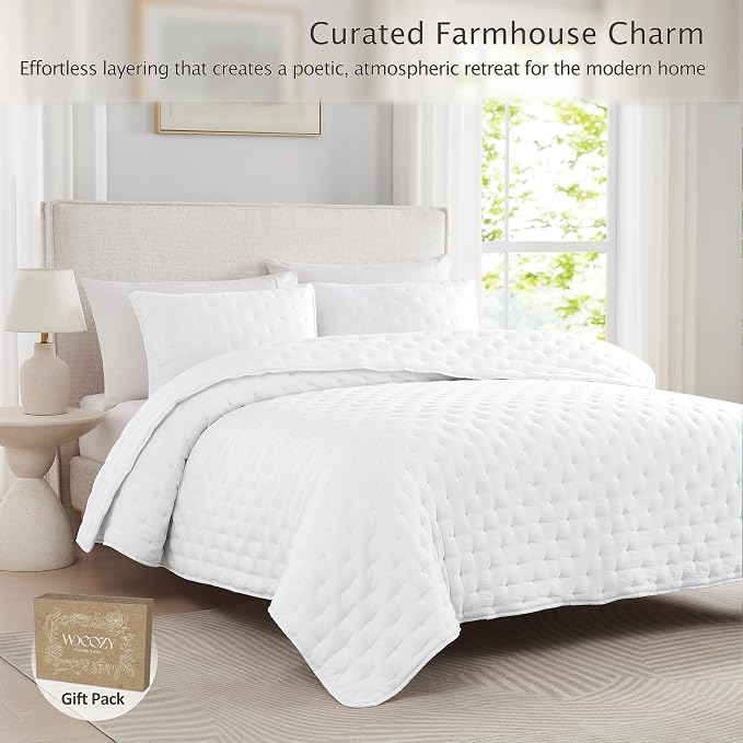 WDCOZY White Cloud California Cal King Size Quilt Bedding Sets with Pillow Shams, Oversized Puffy Cozy Lightweight Bedspread Coverlet, Soft Cute Bed Cover for All Season - 3 Pieces