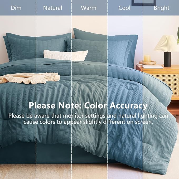 King Comforter Set, 7 Pieces Mineral Blue Seersucker Bed in a Bag | OEKO-TEX Certified, All Season Bedding Set with 240 GSM Down Alternative Comforter, Flat & Fitted Sheets, Pillowcases & Shams
