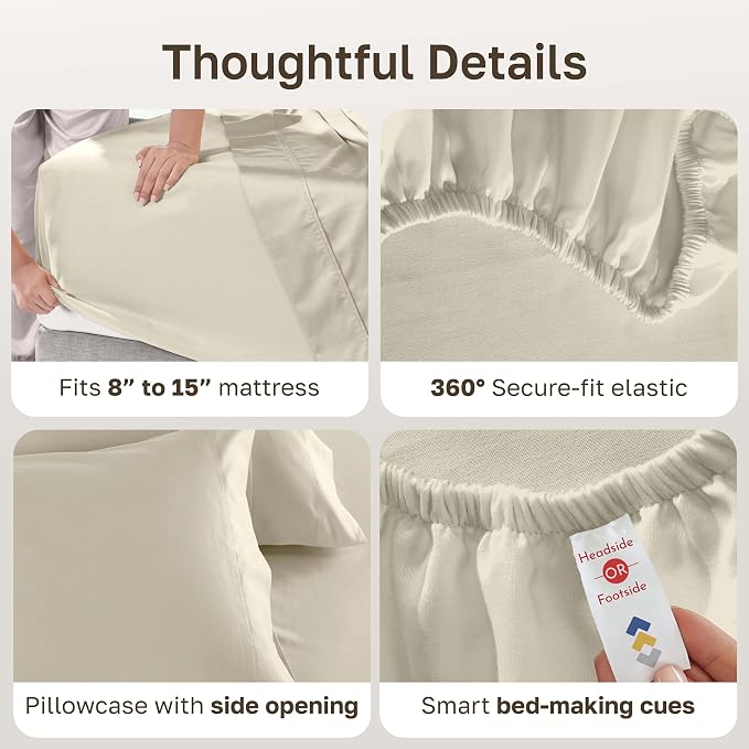 California Design Den Luxury 600 Thread Count Twin Sheets Set, 3 Pcs | 100% Cotton Sateen Backed by Good Housekeeping Seal, Soft & Smooth, All-Around Elastic, Easy Care - Cream (Warm Ivory)