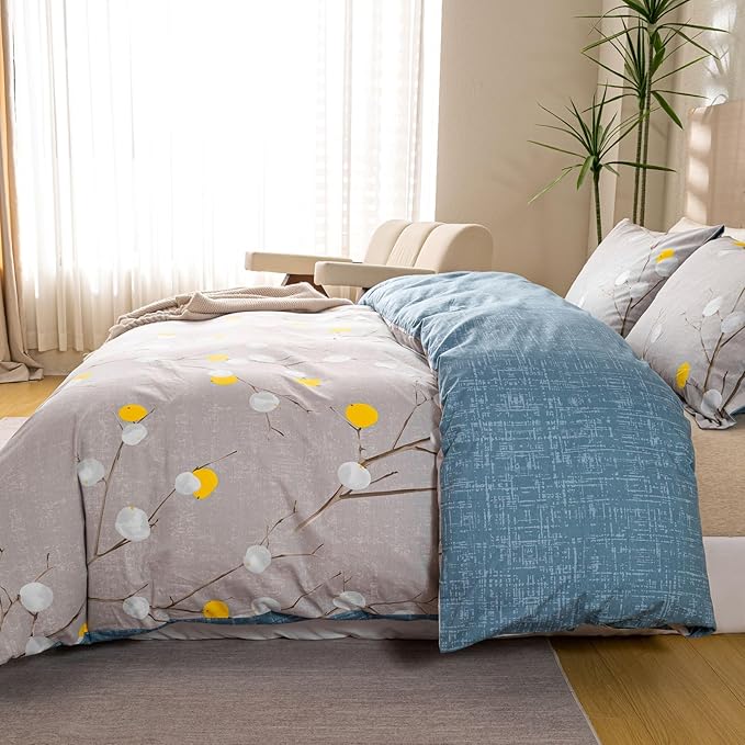 OAITE Twin Duvet Cover Set 3pcs 100% Cotton with Grey Abstract Branch | Soft, Breathable,Long-lasting,Comfort,Hidden Zipper,8 Corner Ties,Easy Care for All Season