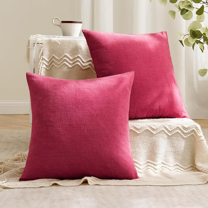 MIULEE Hot Pink Red Chenille Couch Throw Pillow Covers, 18x18 | Set of 2, Soft Farmhouse Modern Home Decor, Decorative Pillowcases for Sofa Living Room Bed