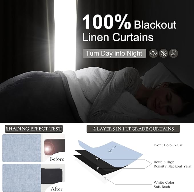 Dusty Blue Blackout Nursery Curtains 108 Inch Tall Length for Kids/Boys Rooms/Bedroom, Floor to Ceiling Track Pleated Large Window Drapes Linen Winter Thermal Coastal Light Blue(50"Wx108"Lx 2Panels)