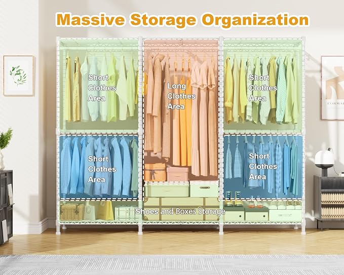 ULIFHOME E14C Pro Heavy Duty Closet Organizer System，Freestanding Clothing Racks for Hanging Clothes，Adjustable Garment Rack 69" W × 16" D × 77" H Hold 960 lbs，White Rack with White Dustproof Cover
