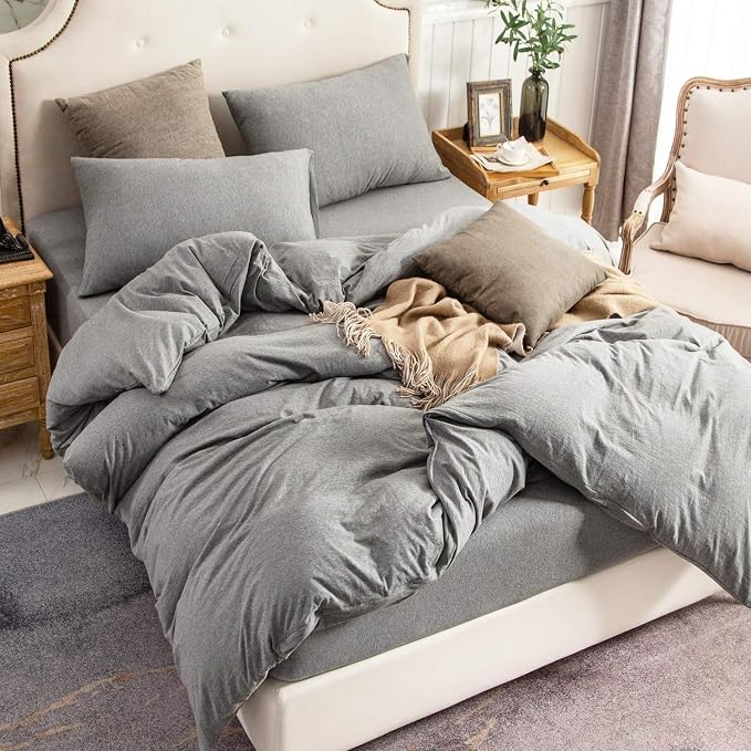 PURE ERA Jersey Knit Sheet Set Heather Dark Grey Queen | 100% Cotton, 3 Piece Set, T Shirt Soft, Breathable, Envelope Closure Pillowcases, Hidden Zipper, 8 Ties, No Insert, Modern
