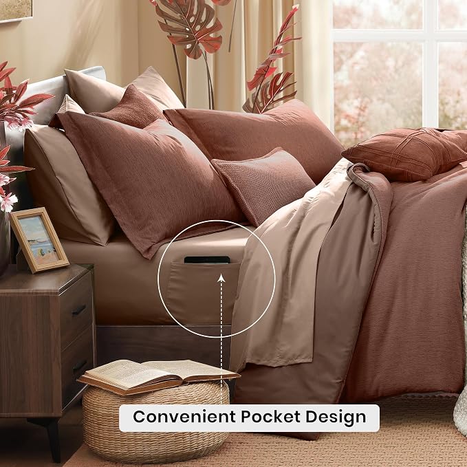 Monbix King Comforter Set 7 Pieces Terracotta Cationic Dyeing Bed in a Bag | Lightweight Reversible All Season Bedding Sets with Comforter, Sheets, Pillowcases & Shams